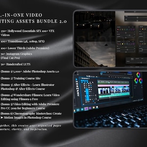 May include: An image promoting an all-in-one video editing assets bundle 2.0. The image includes a list of features, such as Hollywood essentials, transitions, lower thirds, Instagram graphics, and handcrafted LUTs. The image also shows a laptop with video editing software.
