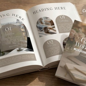 Può includere: Quaderno aperto con il testo "Heading Here" e "Course Workbook" sulla copertina. Il quaderno ha una combinazione di colori neutri con immagini e testo. Il logo Canva è visibile. Il quaderno è progettato per attirare clienti ideali.