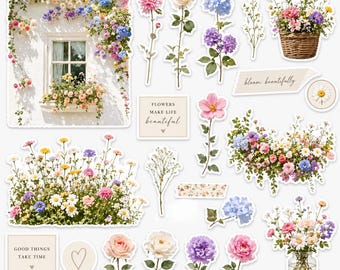 Digital nedladdning av blomklistermärken | Planerare-klistermärken med blommotiv | Mysigt botaniskt PNG-paket för GoodNotes