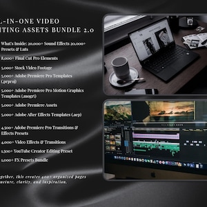 May include: An image showcasing a video editing assets bundle. The text reads "ALL-IN-ONE VIDEO EDITING ASSETS BUNDLE 2.0" and lists various elements like sound effects, presets, stock footage, and templates. A laptop and a computer screen displaying video editing software are also visible.