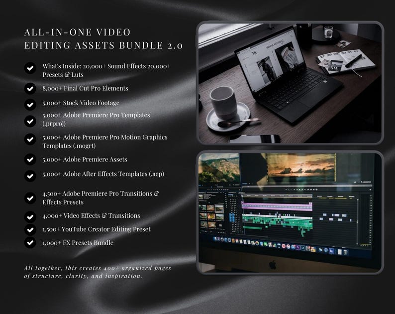 May include: An image showcasing a video editing assets bundle. The text reads "ALL-IN-ONE VIDEO EDITING ASSETS BUNDLE 2.0" and lists various elements like sound effects, presets, stock footage, and templates. A laptop and a computer screen displaying video editing software are also visible.