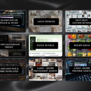 May include: A collection of digital product bundles, each displayed in a rectangular frame. The bundles include 20,000 sound tracks and music, logo designs, a self-help course bundle, 2,500 Lightroom presets, an Excel bundle, recipe ideas, 1,200,000 PLR & MRR templates, 5,000 Photoshop assets, and 5,000 Premier assets.
