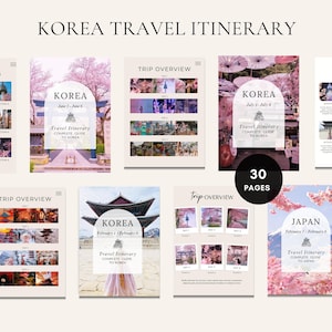 以下が含まれることがあります： 韓国と日本の旅行ガイドのコレクション。ランドマークと桜の画像が特徴です。ガイドには「Korea Travel Itinerary」と「30 Pages」のテキストが含まれています。デザインはすっきりとしていて、ミニマリストです。