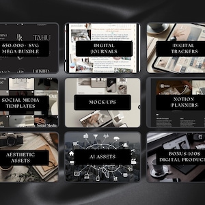 May include: A collection of digital products, including digital journals, trackers, social media templates, mockups, Notion planners, aesthetic assets, AI assets, and bonus digital products. Each product is displayed on a dark background with text labels.