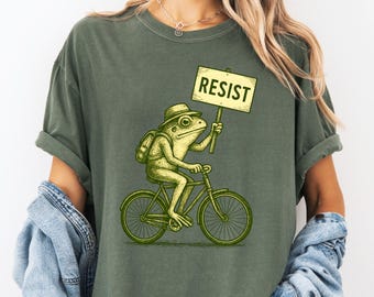 Comfort Colors Frog On Bike Resist Portland Shirt, Vintage Protest Frog Tee, Anti Fascism Activist Shirt, Funny Resistance Gift