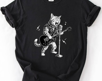Retro Rock Music Cat Shirt, Funny Cat Playing Guitar Tee, Comfort Colors Graphic T-Shirt, Music Lover Gift for Him & Her
