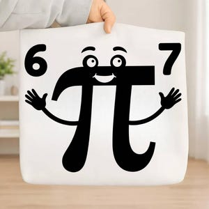 May include: White tote bag featuring a smiling Pi symbol with arms and a face, flanked by the numbers 6 and 7. The black graphic design gives the bag a playful, math-themed aesthetic.