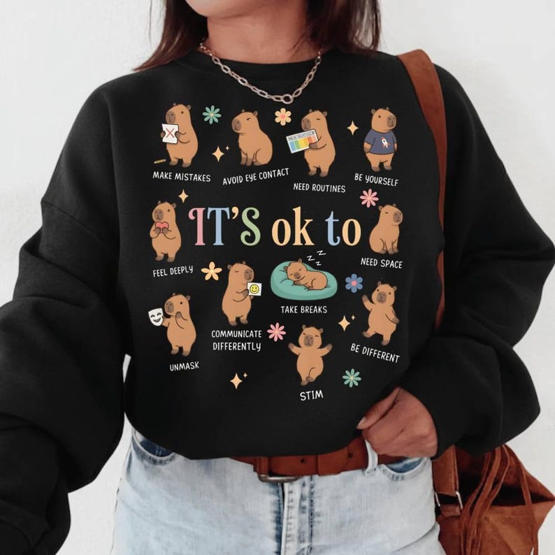 May include: Black sweatshirt with a graphic featuring capybaras and the text "IT'S ok to." The capybaras are depicted in various poses with phrases like "Make Mistakes," "Be Yourself," and "Take Breaks." The design includes colorful floral accents.