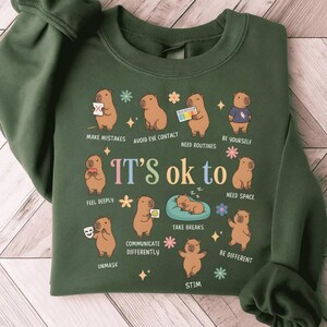 May include: A dark green sweatshirt featuring illustrations of capybaras and the phrase "It's ok to" with various affirmations. The design includes text such as "Make Mistakes," "Be Yourself," and "Take Breaks."