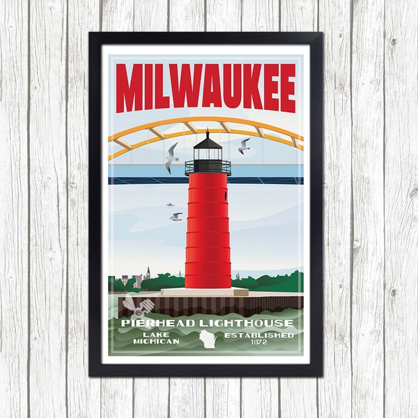 Milwaukee Northpier Lighthouse Retro Travel Poster