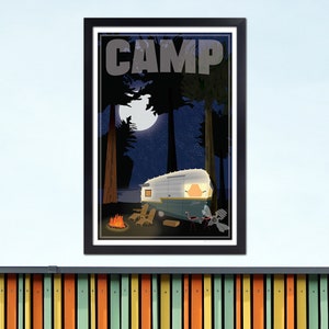 Retro Travel Poster Camping With Vintage Camper