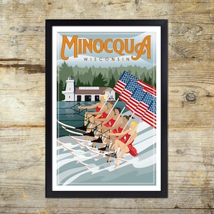 Minocqua, Wisconsin Water Skiers Retro Travel Poster