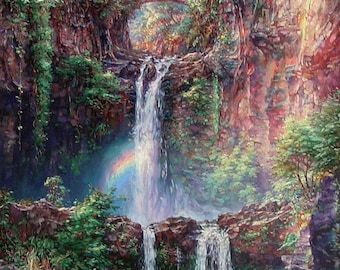 May include: A vibrant painting of a waterfall cascading into a pool of water. A rainbow arches across the falls. Lush green foliage and rocky cliffs frame the scene, with a bridge visible in the distance. The artwork is rich in color and detail.