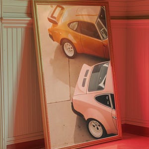 Vintage Sports Car Digital Print – Retro Orange & Pink Classic Car Wall Art – Minimalist Auto Photography – Instant Download