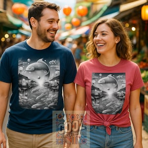 Cloud Fish Market T-Shirt, Surreal Dreamscape Tee, Whimsical Fantasy Art Shirt, Surreal Fantasy Tee, Ethereal Dream Art Tee, Art Lover
