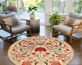 Boho Chic Elegance Floral Round Rug, Modern Unique Round Rug, Washable Round Rug, Distressed Large Area Rug, Rugs for Living Room Bedroom