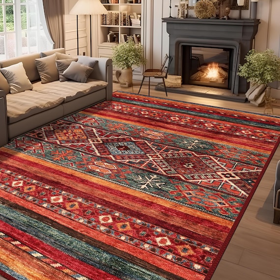 Traditonal Kilim Style Rug, Antique Look Teppich, Washable Non-Slip Kilim Style Area Rug, Distressed Large Rug , Rugs for Living Room