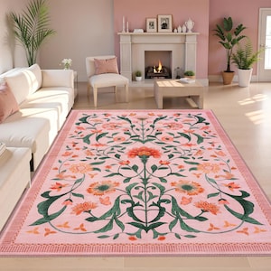 Boho Chic Elegance Floral Rug, Turkish Modern Unique Rug, Washable Non-Slip Rug, Distressed Large Area Rug, Rugs for Living Room Bedroom