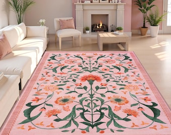 Boho Chic Elegance Floral Rug, Turkish Modern Unique Rug, Washable Non-Slip Rug, Distressed Large Area Rug, Rugs for Living Room Bedroom
