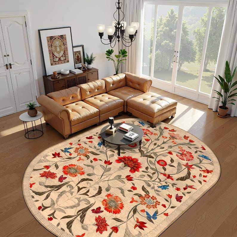 Boho Chic Elegance Floral Oval Rug, Turkish Modern Unique Oval Rug ...