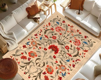 Boho Chic Elegance Floral Rug, Turkish Modern Unique Rug, Washable Non-Slip Rug, Distressed Large Area Rug, Rugs for Living Room Bedroom