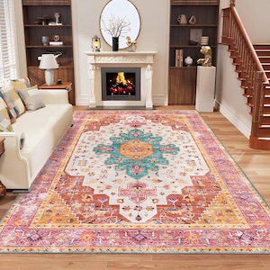 Modern Style Rug, Unique Design Rug, Washable Non-Slip Bohemian Area Rug, Turkish Distressed Large Rug 8x10, Rugs for Living Room Bedroom