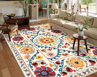 Boho Chic Elegance Floral Rug, Turkish Modern Unique Rug, Washable Non-Slip Rug, Distressed Large Area Rug, Rugs for Living Room Bedroom