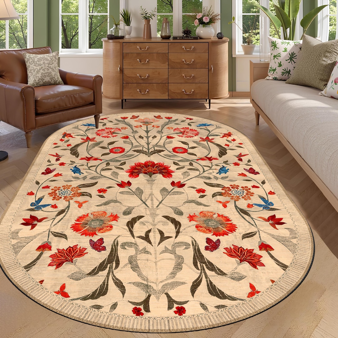 Boho Chic Elegance Floral Oval Rug, Turkish Modern Unique Oval Rug ...