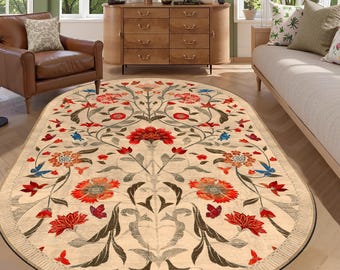 Boho Chic Elegance Floral Oval Rug, Turkish Modern Unique Oval Rug, Washable Oval Rug, Distressed Large Oval Area Rug, Rugs for Living Room