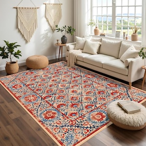 Boho Chic Elegance Floral Rug, Turkish Modern Unique Rug, Washable Non-Slip Rug, Distressed Large Area Rug, Rugs for Living Room Bedroom