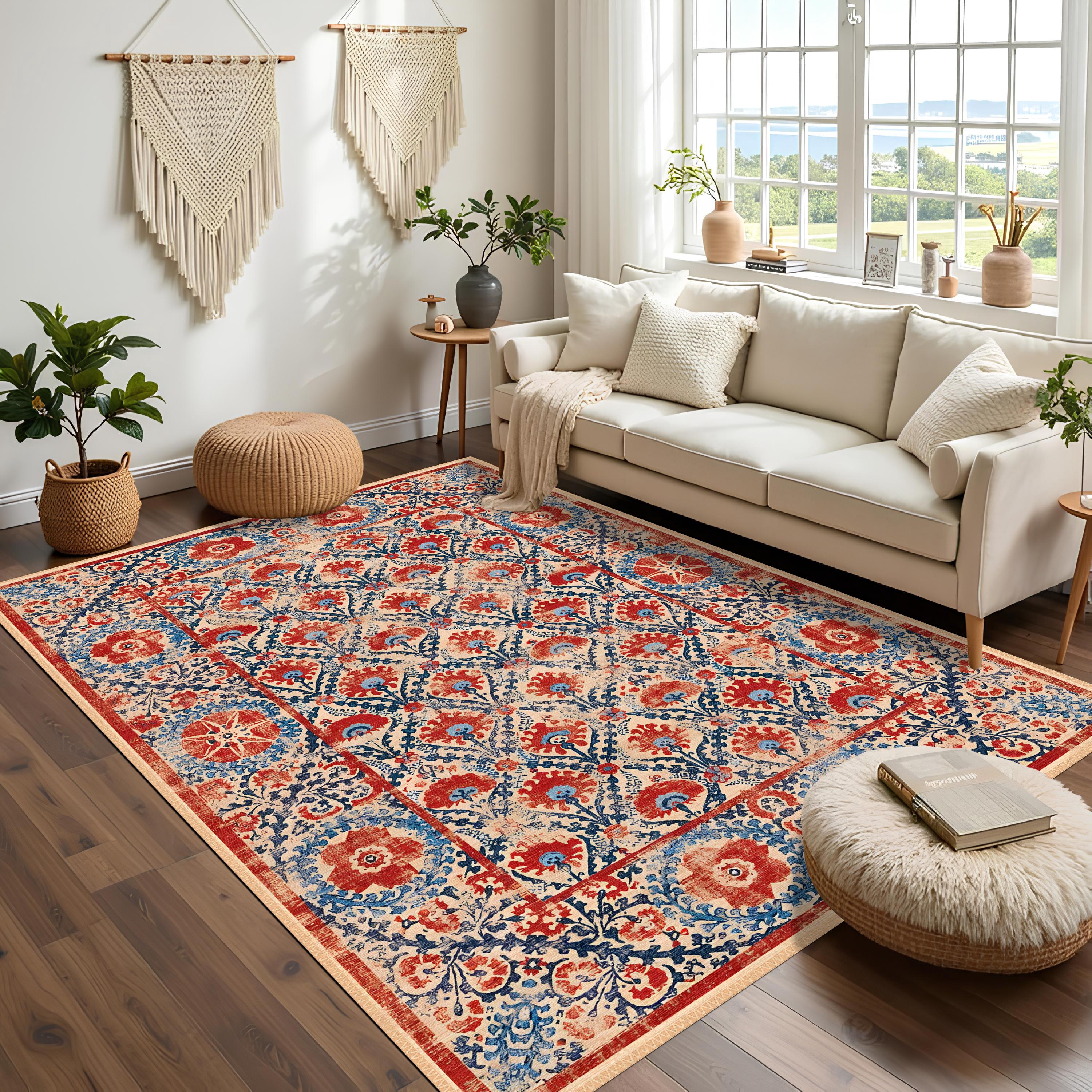 Boho Chic Elegance Floral Rug, Turkish Modern Unique Rug, Washable Non-Slip Rug, Distressed Large Area Rug, Rugs for Living Room Bedroom