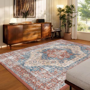 Vintage Stil Teppich, Teppich im Antik-Look, Waschbarer Boho Teppich, Türkischer Beunruhigter Großer Teppich 200x300, Teppich für Wohnzimmer Schlafzimmer
