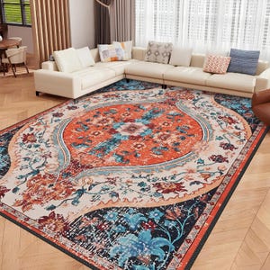 Boho Chic Elegance Floral Rug, Turkish Modern Unique Rug, Washable Non-Slip Rug, Distressed Large Area Rug, Rugs for Living Room Bedroom