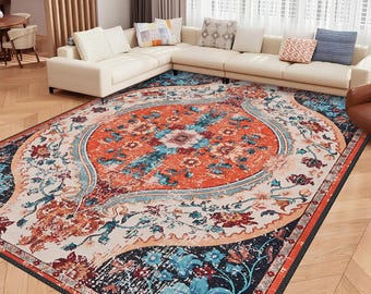 Tapis floral bohème chic et élégant, tapis turc moderne unique, tapis antidérapant lavable, grand tapis vieilli, tapis pour salon et chambre