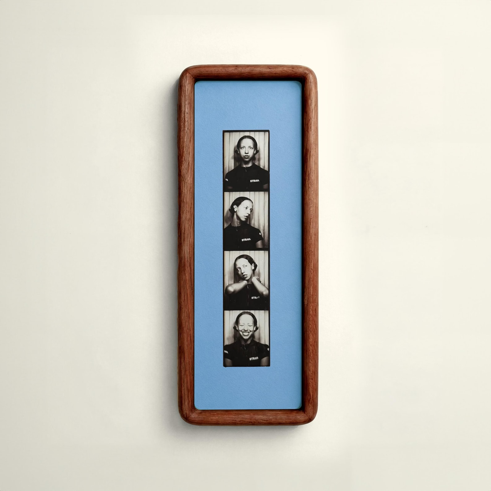 Photobooth Frame for Photo Strip Prints: Elongated Solid Wood Picture Frame with Coloured Mount, Ready to Hang for photoautomat print - Cherry, Baby Blue