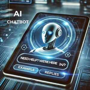 May include: A blue and white digital interface on a tablet screen with a robot face in the center. The text on the screen reads "Need help? We're here 24/7". There are two buttons below the text that read "Example" and "Replies".