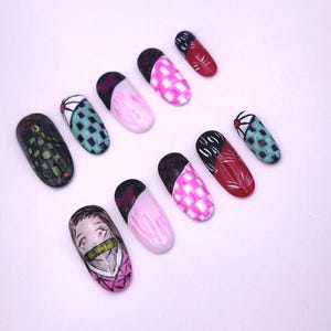 Hand Painted Demon Slayer KNY  Oval Nails Anime  Kimetsu Press On Nails Unique Custom Nail Art nägel handgemacht reusable glue on nails set