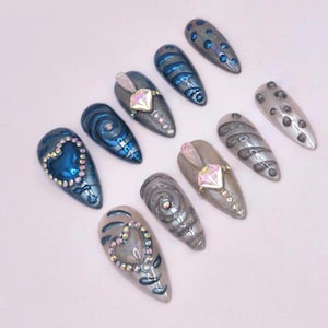 3D Galactic Heart Press On Nails: Blue and Silver Chrome, Crystal Statement Autumn Nails