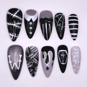 Wednesday Addams Press On Nails Gothic Halloween Art Spooky  Witchy Handmade False Nails