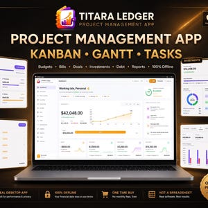 Puede incluir: Un ordenador portátil que muestra la interfaz de la aplicación de gestión de proyectos Titara Ledger con un panel de control de datos financieros, gráficos y diagramas. Ventanas más pequeñas detallan presupuestos, facturas e informes.