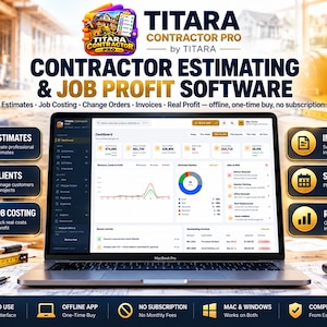 May include: A laptop displaying the Titara Contractor Pro software interface for job estimating and profit tracking. The screen shows a dashboard with financial charts, revenue data, and project lists. Surrounding text highlights features like estimates, invoices, and scheduling for construction management.