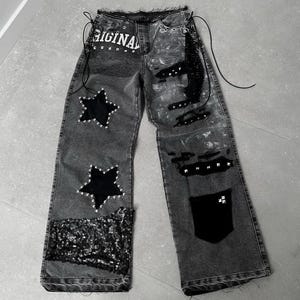 パンツ y2k flare black denim pants glitter 00s Y2k Glitter Jeans - Etsy Canada