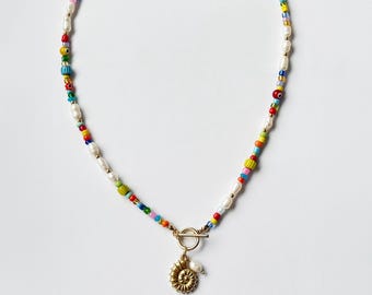 Colorful Freshwater Pearl Front Clasp Necklace Multicolor Bead Necklace / Shell Seed Bead Toggle Necklace Summer Shell Jewelry Gift for her
