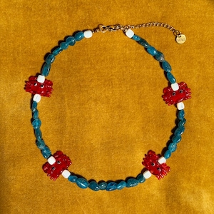 Turquoise Beaded Crab Necklace – Lampwork Jewelry, Cute Red Glass Crab Choker, Tropical Necklace, Summer Beach Jewelry