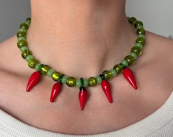 Handmade red chili lampwork necklace Trendy Vegetable necklace Handmade chilli pepper summer choker Glass red green beaded necklace