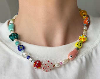 Funky colorful beaded necklace, Chunky rainbow necklace, Multi colour lampwork necklace, y2k summer choker