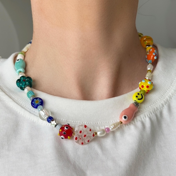 Funky multi colour mix and match beaded necklace, Chunky rainbow necklace, mismatch bright lampwork necklace, y2k colorful summer choker