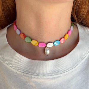 Colorful Freshwater Pearl Choker, Multicolor Shell Necklace with Pearl Charm, Tropical Jewelry, Natural Sea Shell Choker, Statement Jewelry