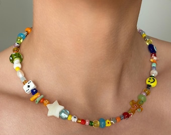 Multicoloured random assorted mix and match beaded glass lampwork mushroom evil eye flower mismatch necklace Freshwater pearl cute necklace