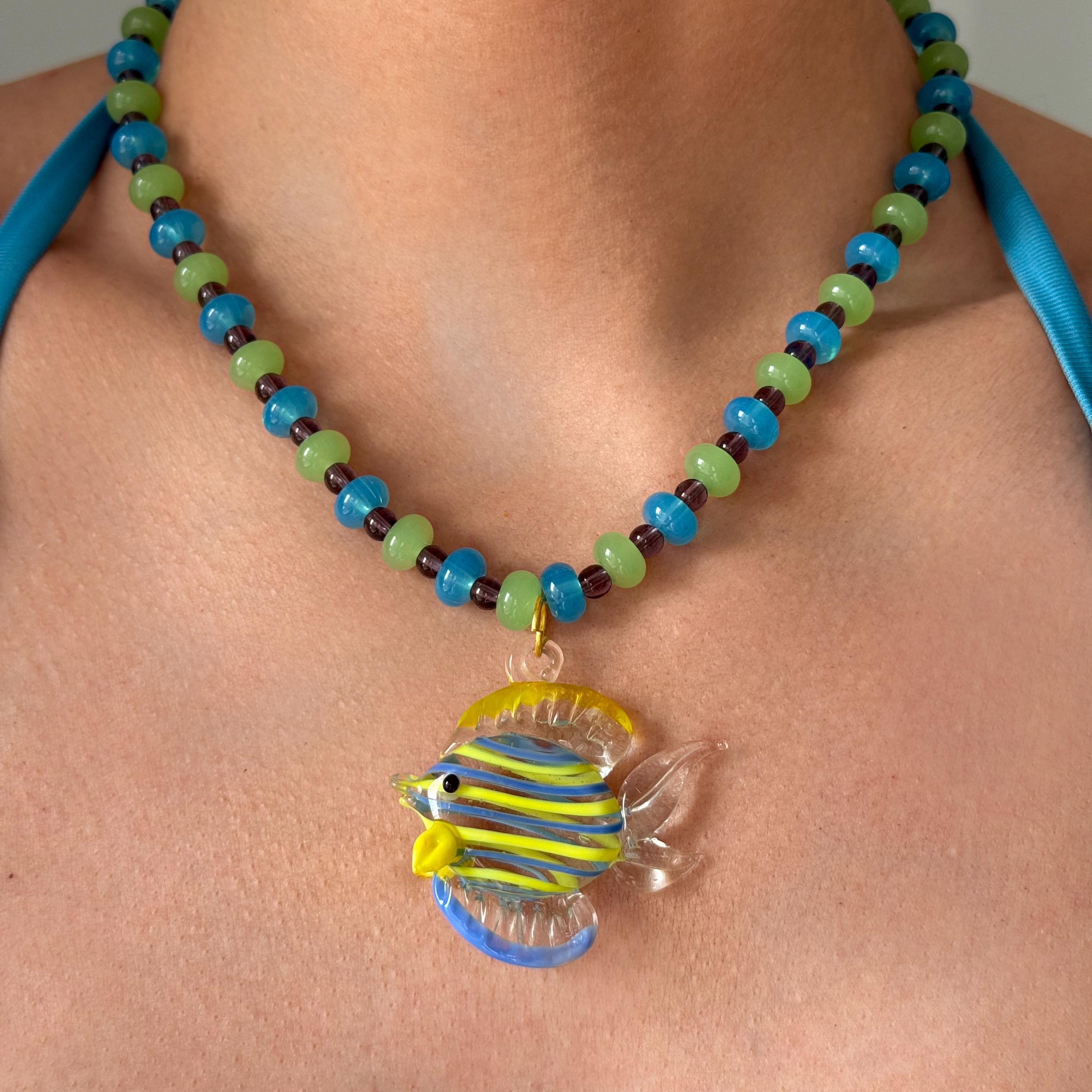 Cute Lampwork Glass Fish Necklace, Blown Glass Beaded Choker Multicolor Mediterranean Summer Necklace Cute Colorful Fish Tropical Jewelry